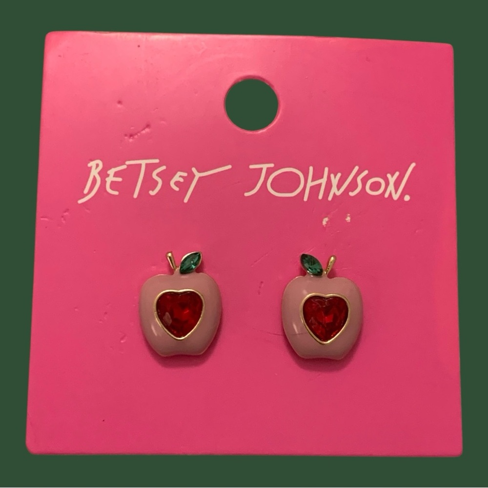 Betsey Johnson Gold Tone Taupe Apple Stud Earrings with Red and Green Gems
